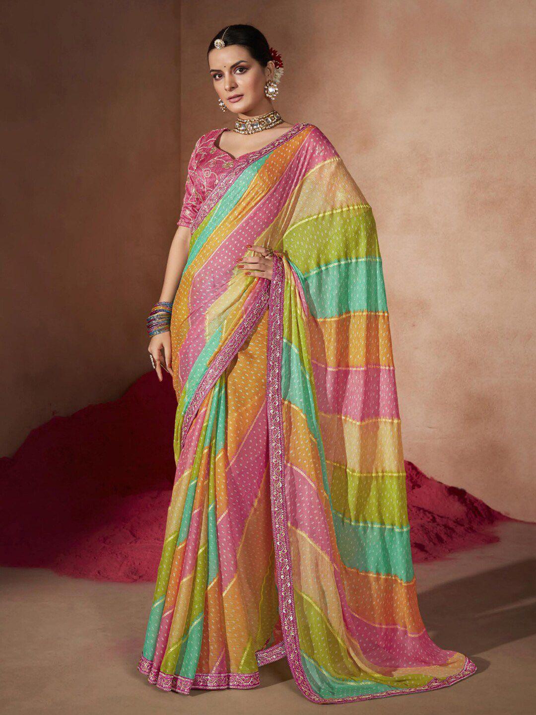 anouk green & pink bandhani sequinned pure chiffon bandhani saree