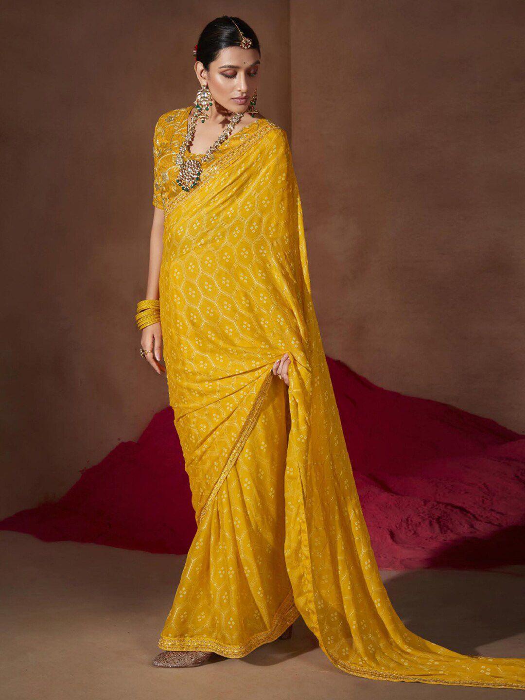 anouk yellow & white bandhani sequinned pure chiffon bandhani saree