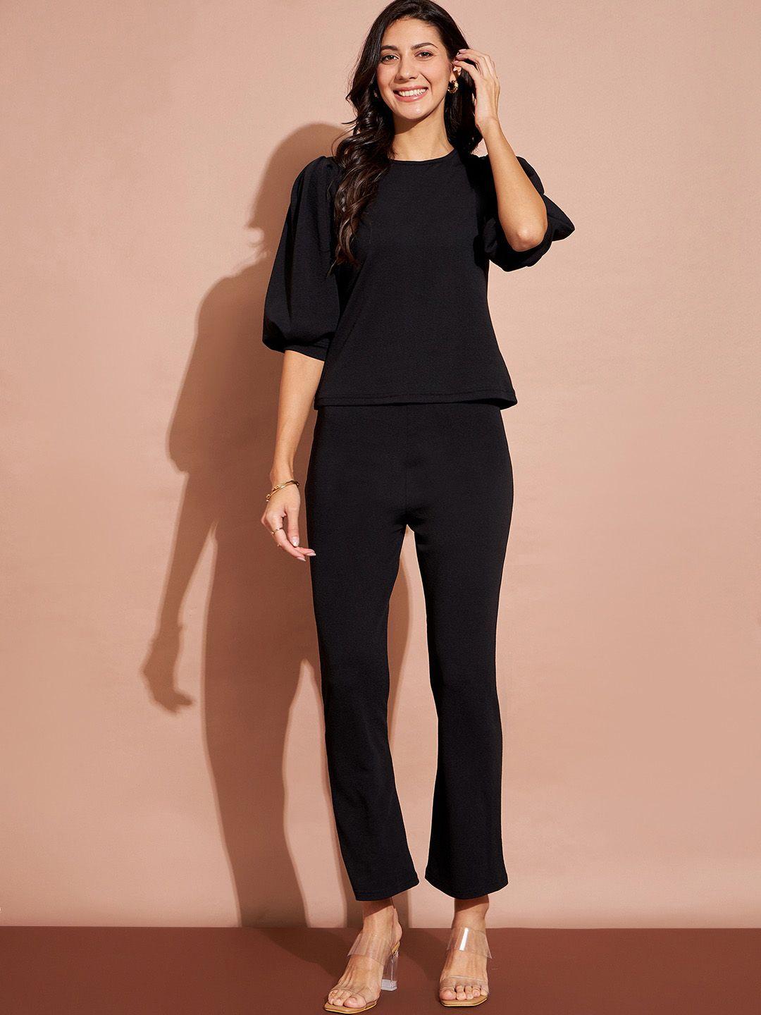 dressberry black puff sleeves t-shirt & trousers co-ords