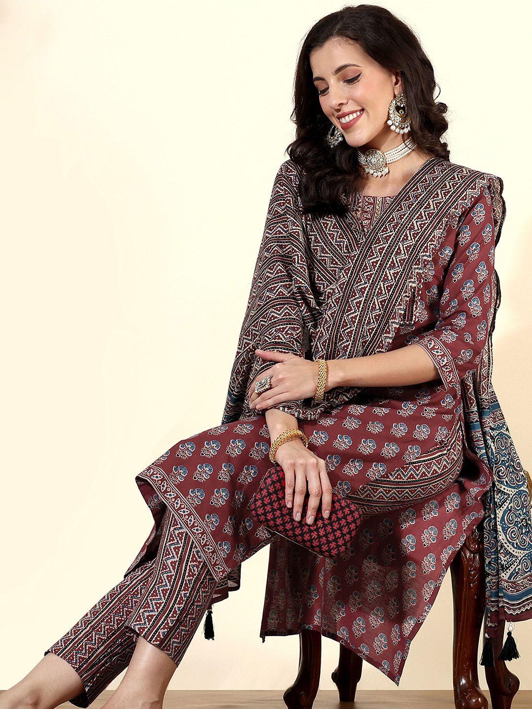 anouk maroon & blue ethnic printed pure cotton straight kurta with trousers & dupatta