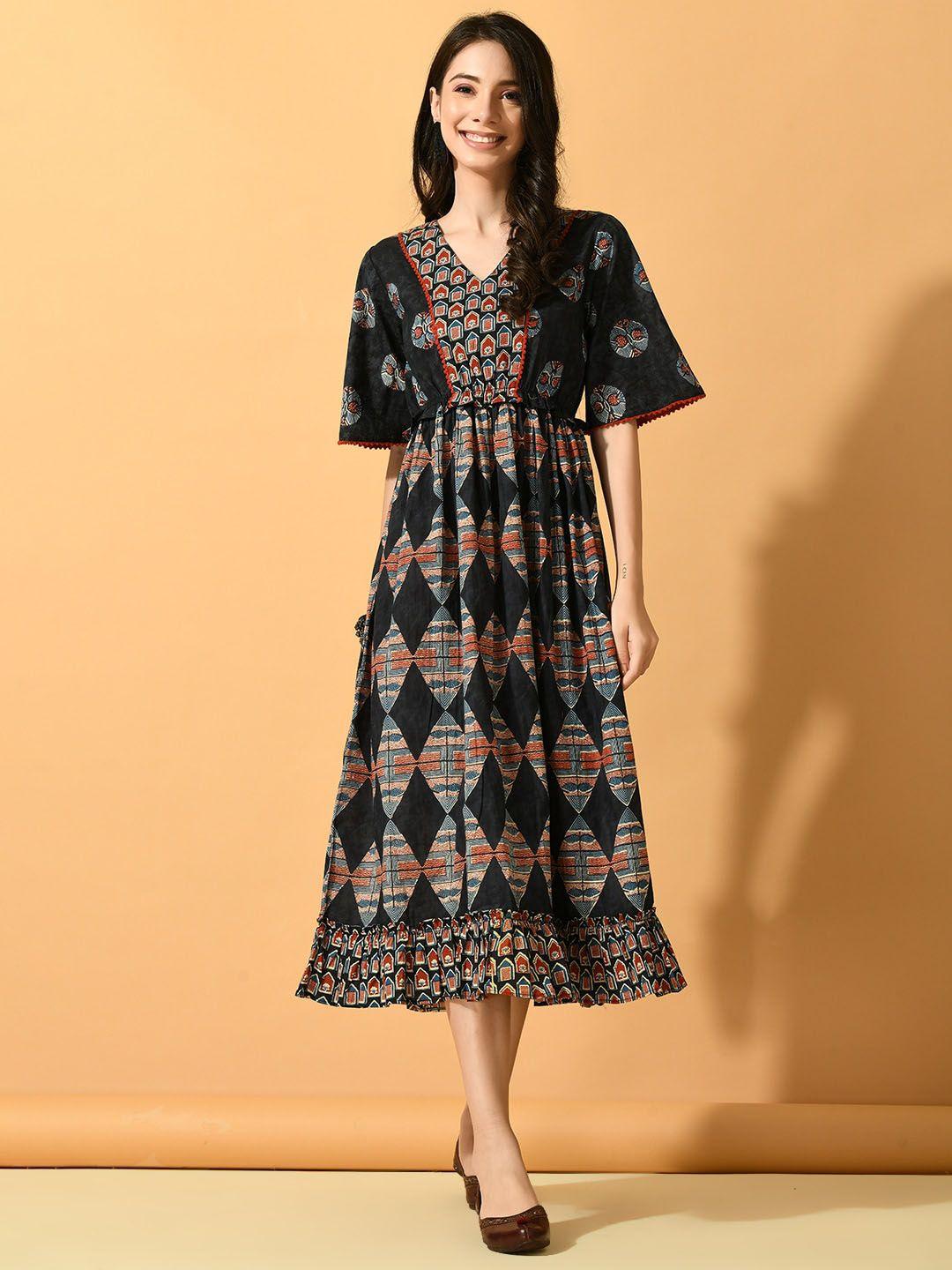 sangria ethnic motifs printed flared sleeve lace inserts pleated fit & flare midi dress