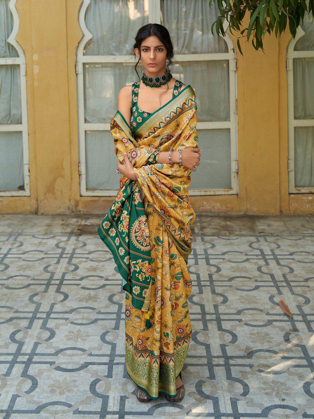 mitera yellow & green kalamkari zari silk blend sungudi saree