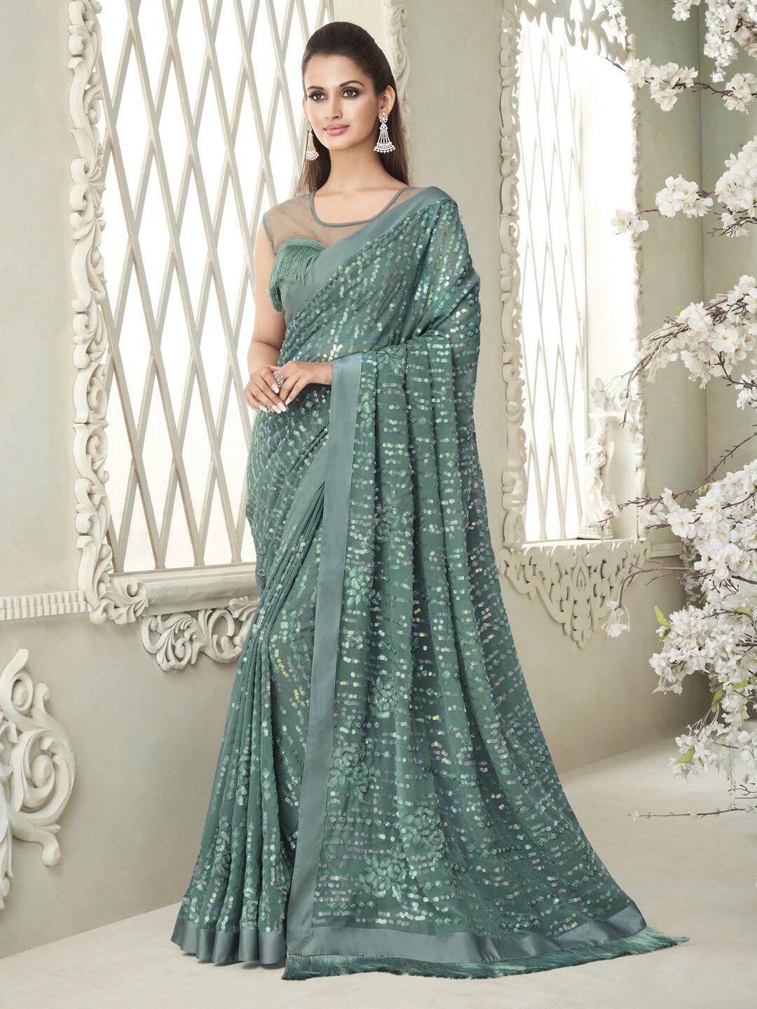 mitera sea green embellished sequinned pure georgette saree