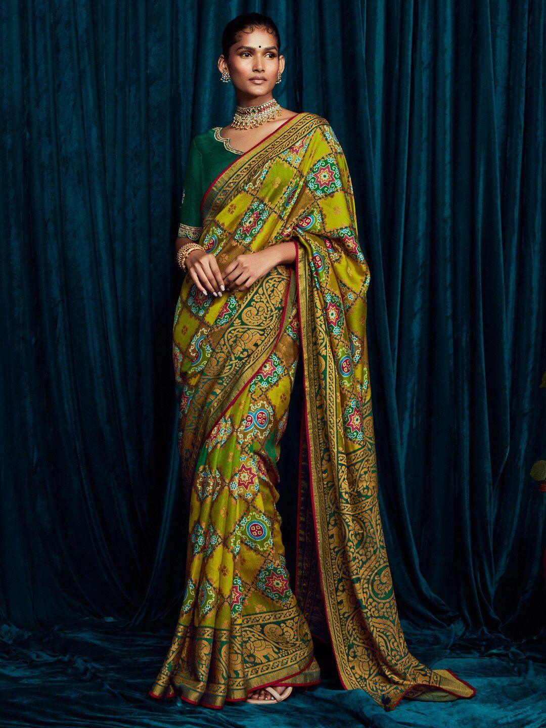 mitera olive green & red ethnic motifs zari brasso patola saree