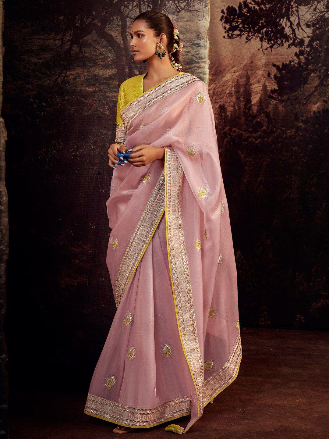 mitera pink & yellow ethnic motifs embroidered silk blend saree