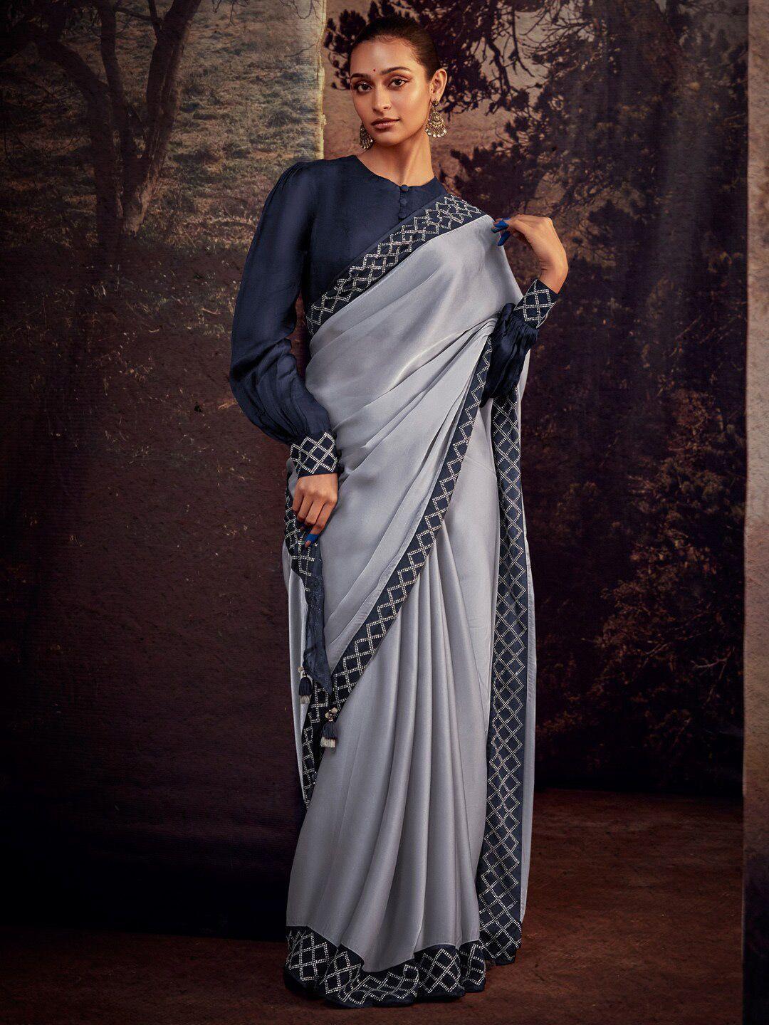 mitera grey & blue beads and stones saree