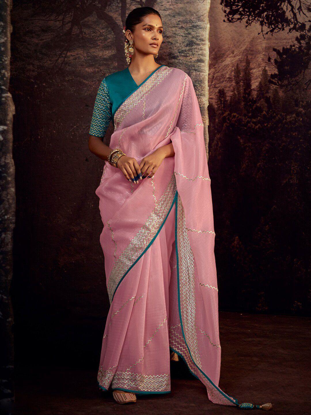 mitera pink & green ethnic motifs silk blend saree