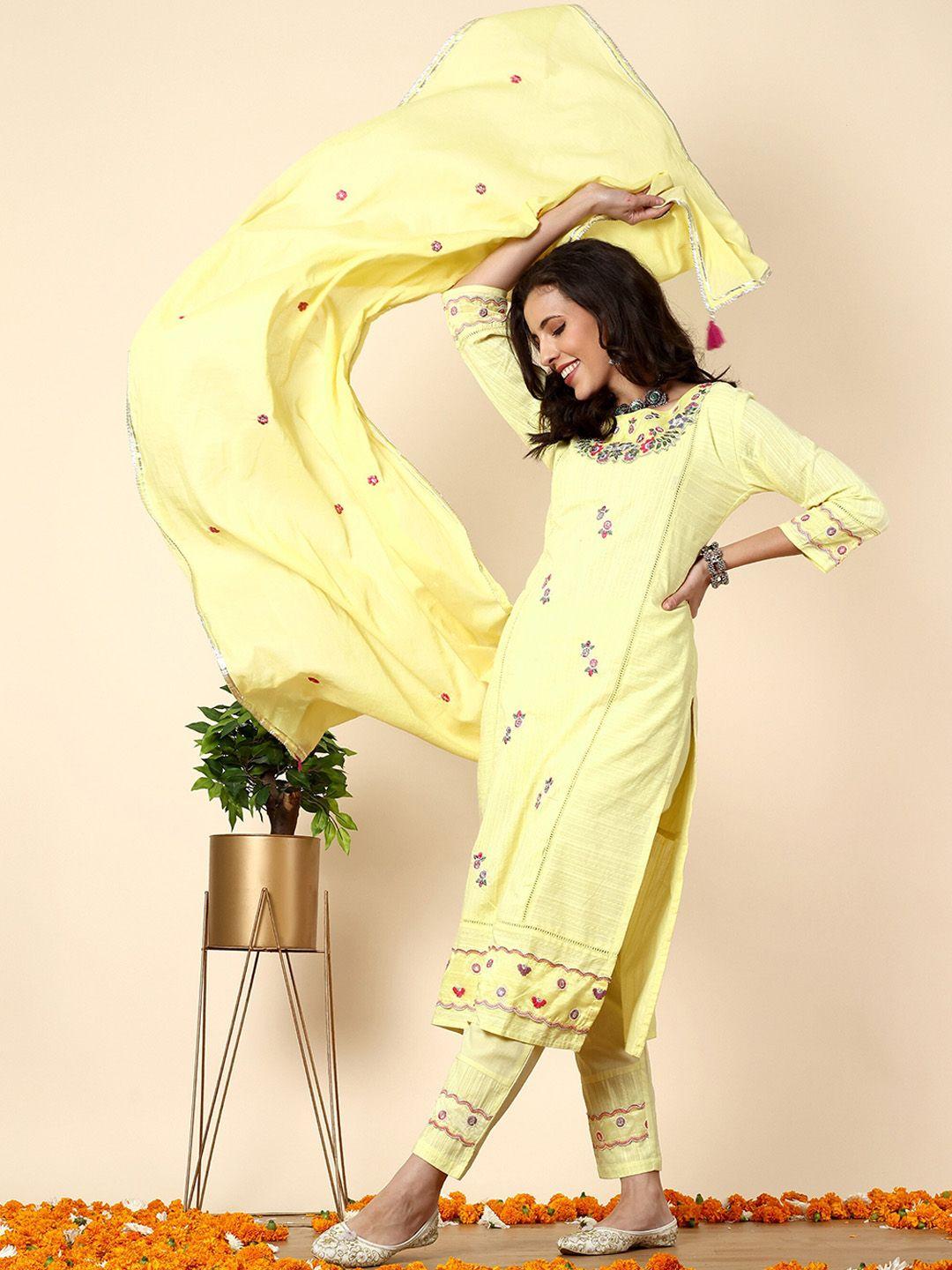 anouk yellow & pink floral embroidered pure cotton straight kurta with trousers & dupatta