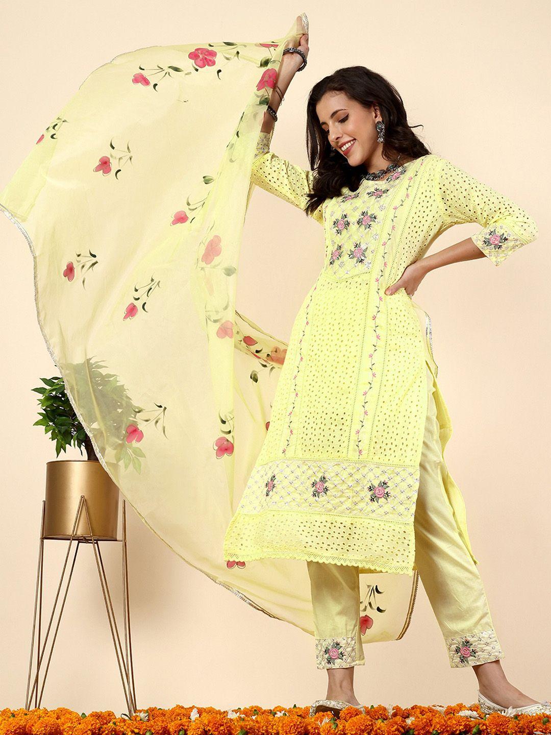 anouk floral embroidered schiffli pure cotton kurta with trousers & with dupatta