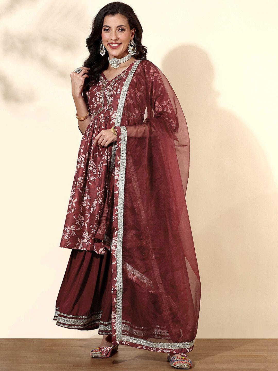 anouk ethnic motifs printed empire anarkali kurta with sharara & with dupatta