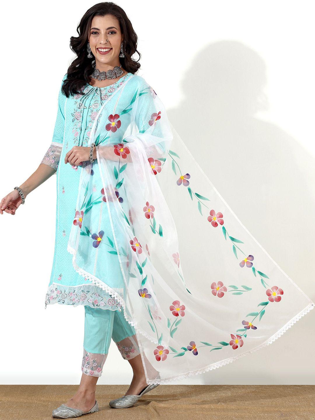 anouk floral embroidered pure cotton kurta with trousers & with dupatta