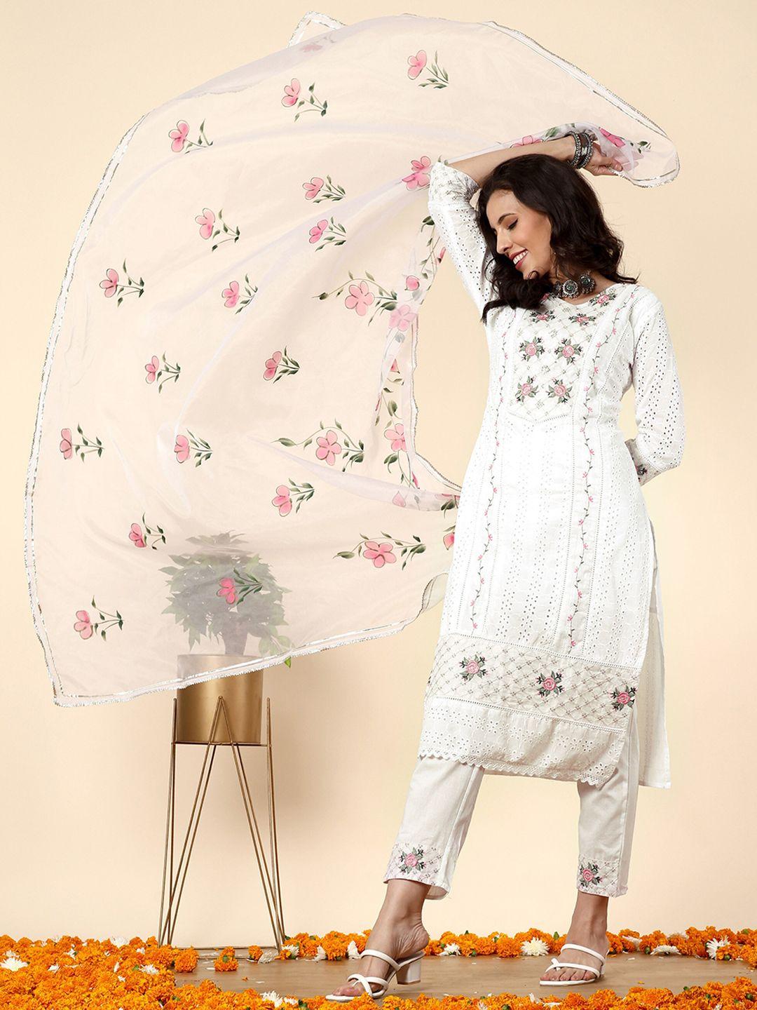 anouk ethnic motifs embroidered thread work cotton straight kurta & trousers with dupatta