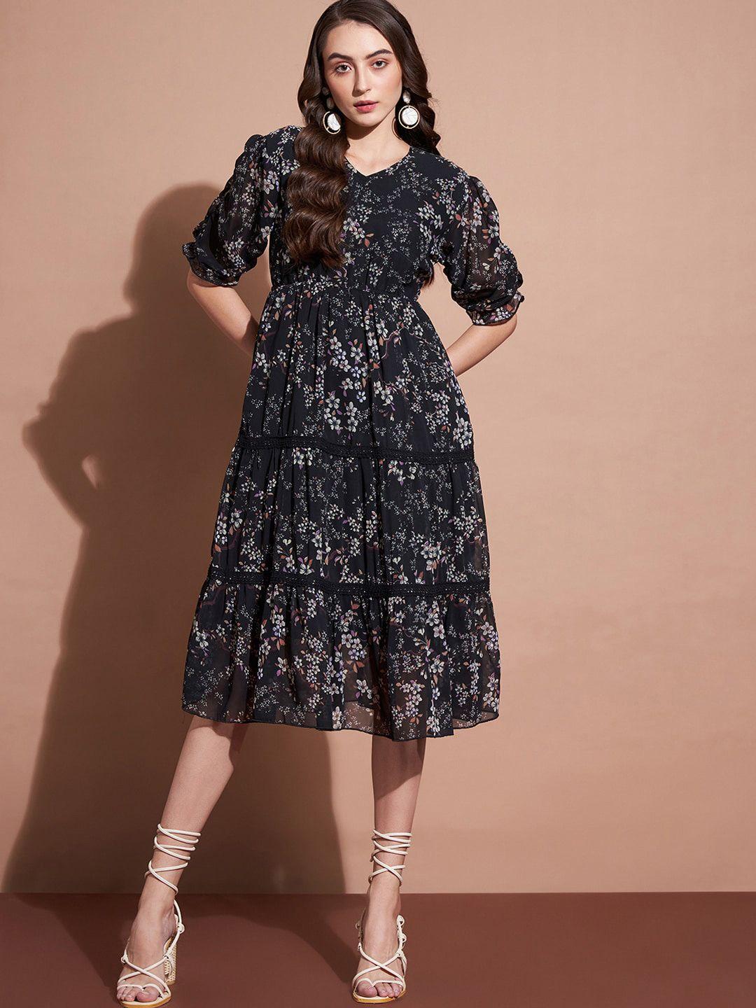 dressberry black floral print georgette fit & flare midi dress