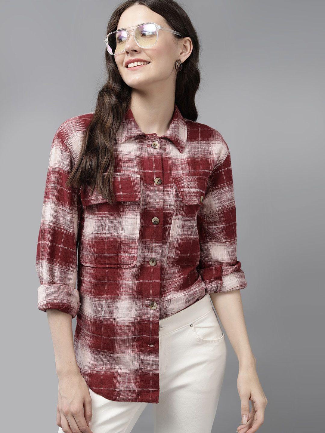 mast & harbour maroon tartan checks twill pure cotton oversized casual shirt