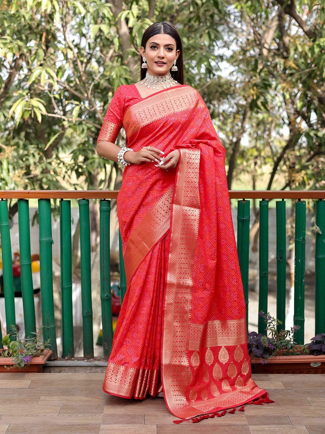 mitera red & gold-toned bandhani printed zari patola saree