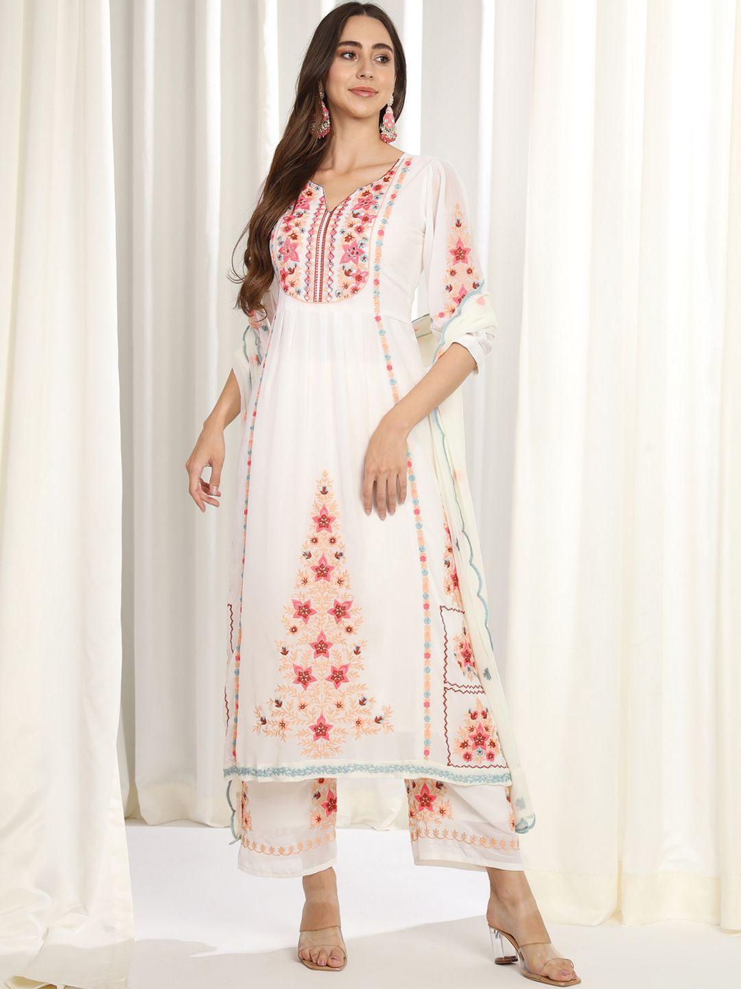 aspora floral embroidered mirror work kurta with palazzos & dupatta