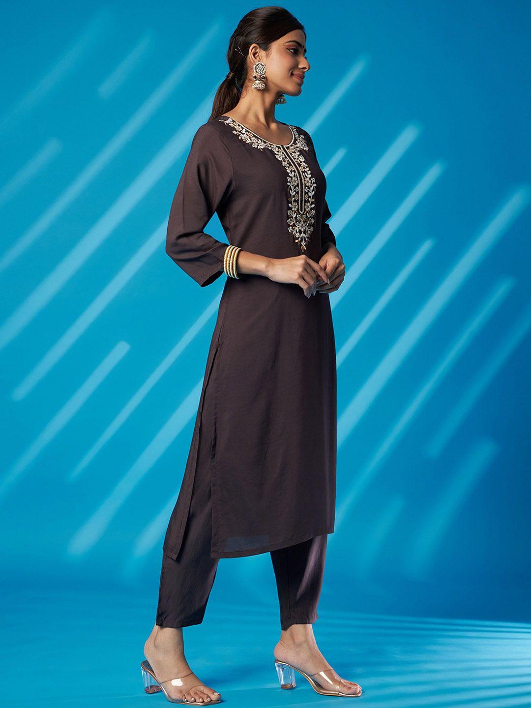 aspora ethnic motifs yoke design thread work straight kurta & trousers with dupatta