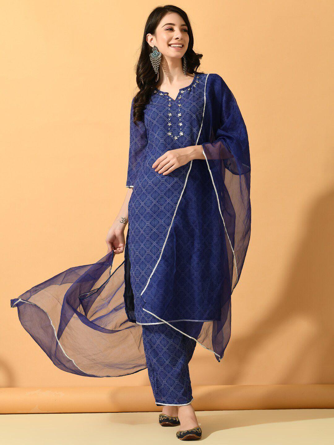 sangria printed straight kurta with trouser & dupatta set