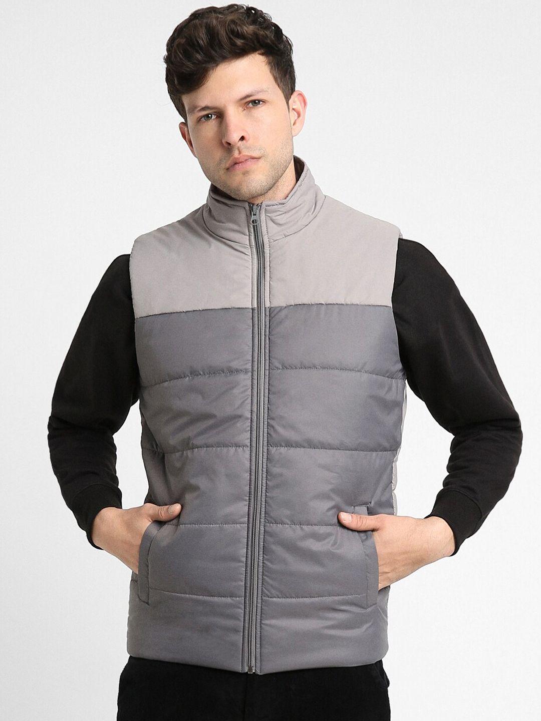 dennis lingo colourblocked mock collar quilted jacket