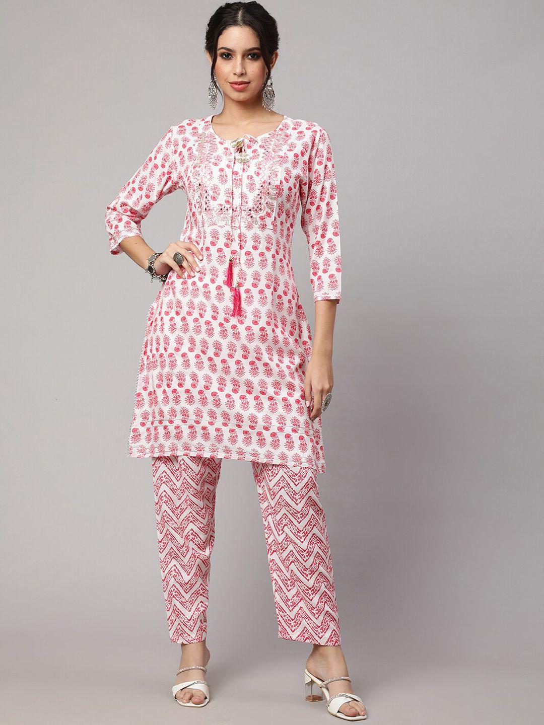 sak jaipur women pink floral printed regular kurta with trousers