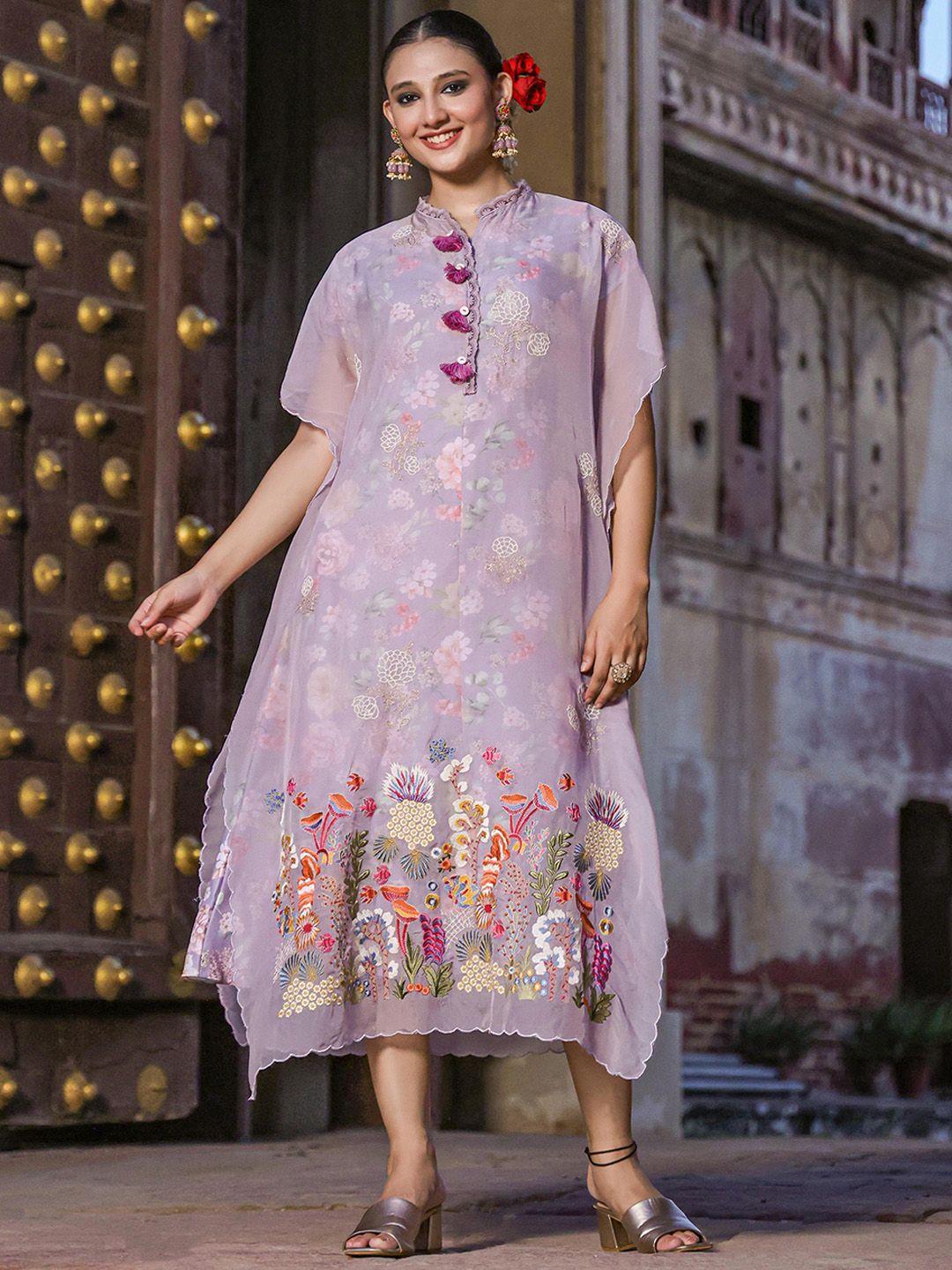 scakhi floral printed embroidered linen midi kaftan