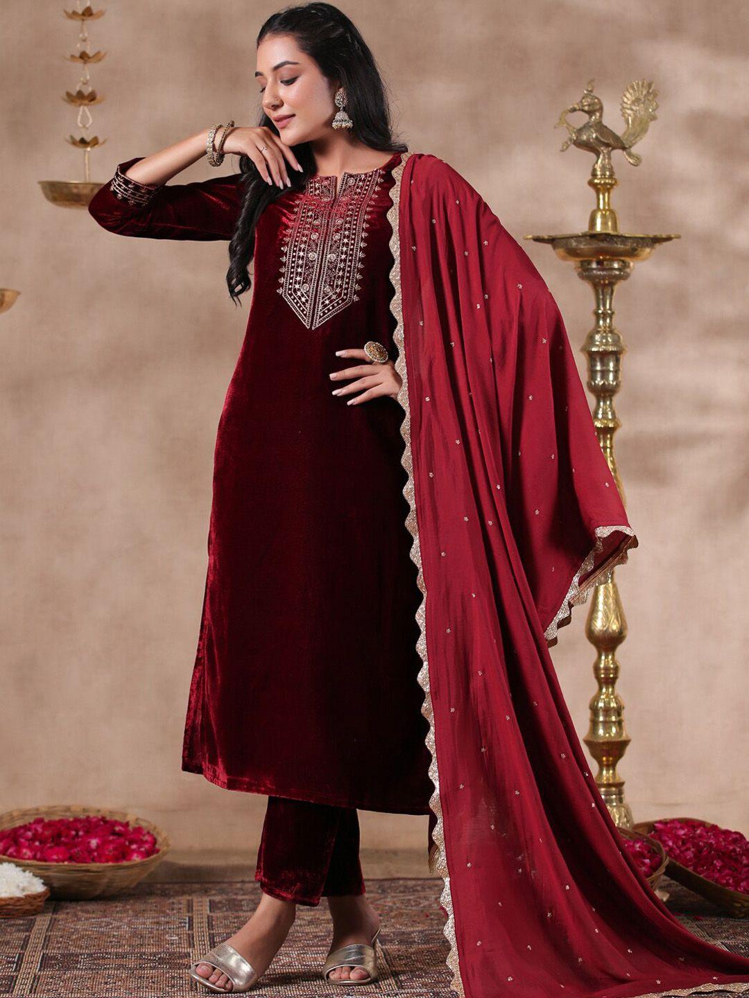 ishin ethnic motifs yoke design thread work velvet straight kurta & trousers with dupatta