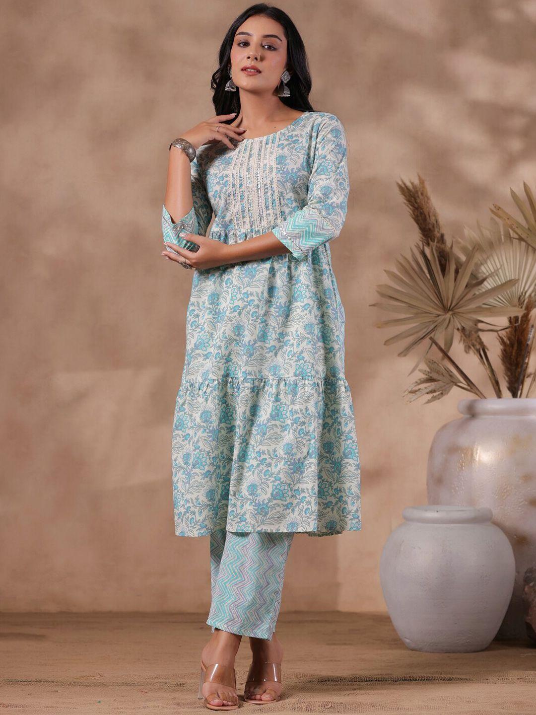 ishin ethnic motifs printed patti pure cotton a-line kurta with trousers