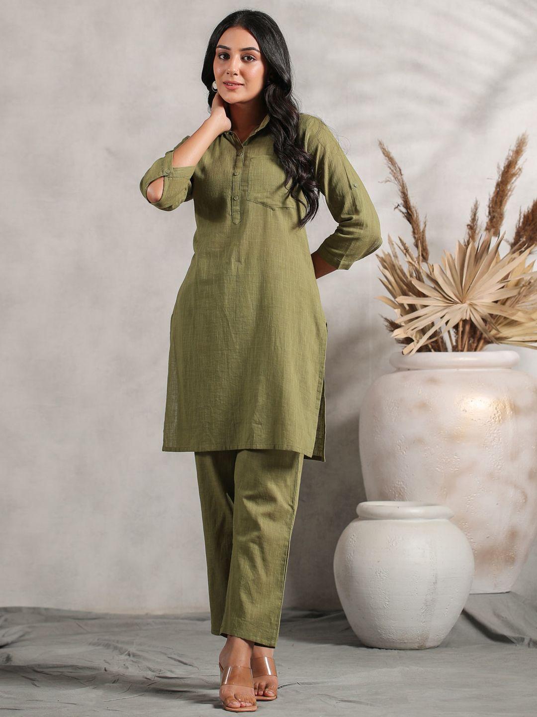 anubhutee shirt collar cuffed sleeves fusion pure cotton kurta with trousers