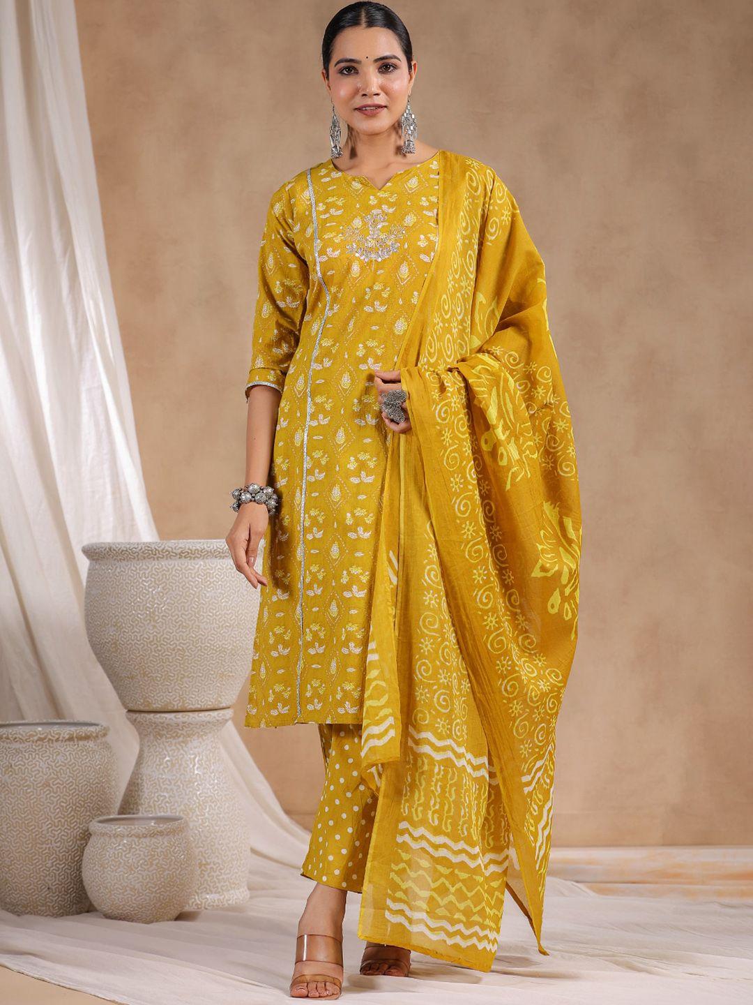 anubhutee ethnic motifs printed thread work cotton straight kurta & trousers with dupatta