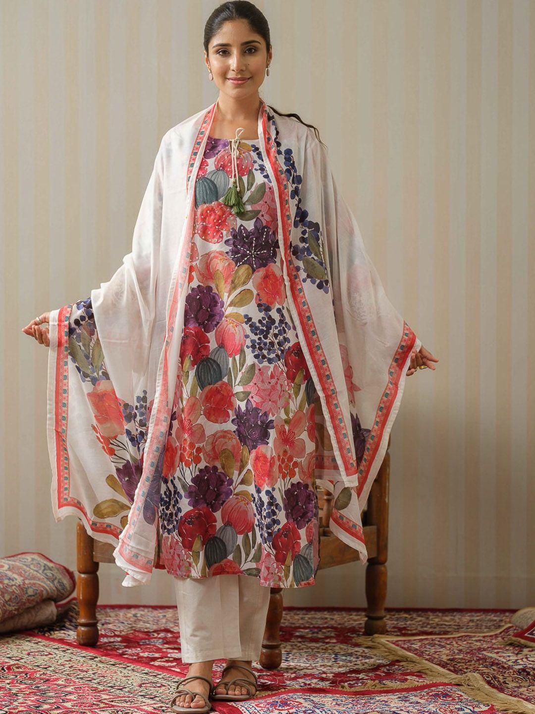 sangria printed & embroidered a-line linen kurta with trouser & dupatta set