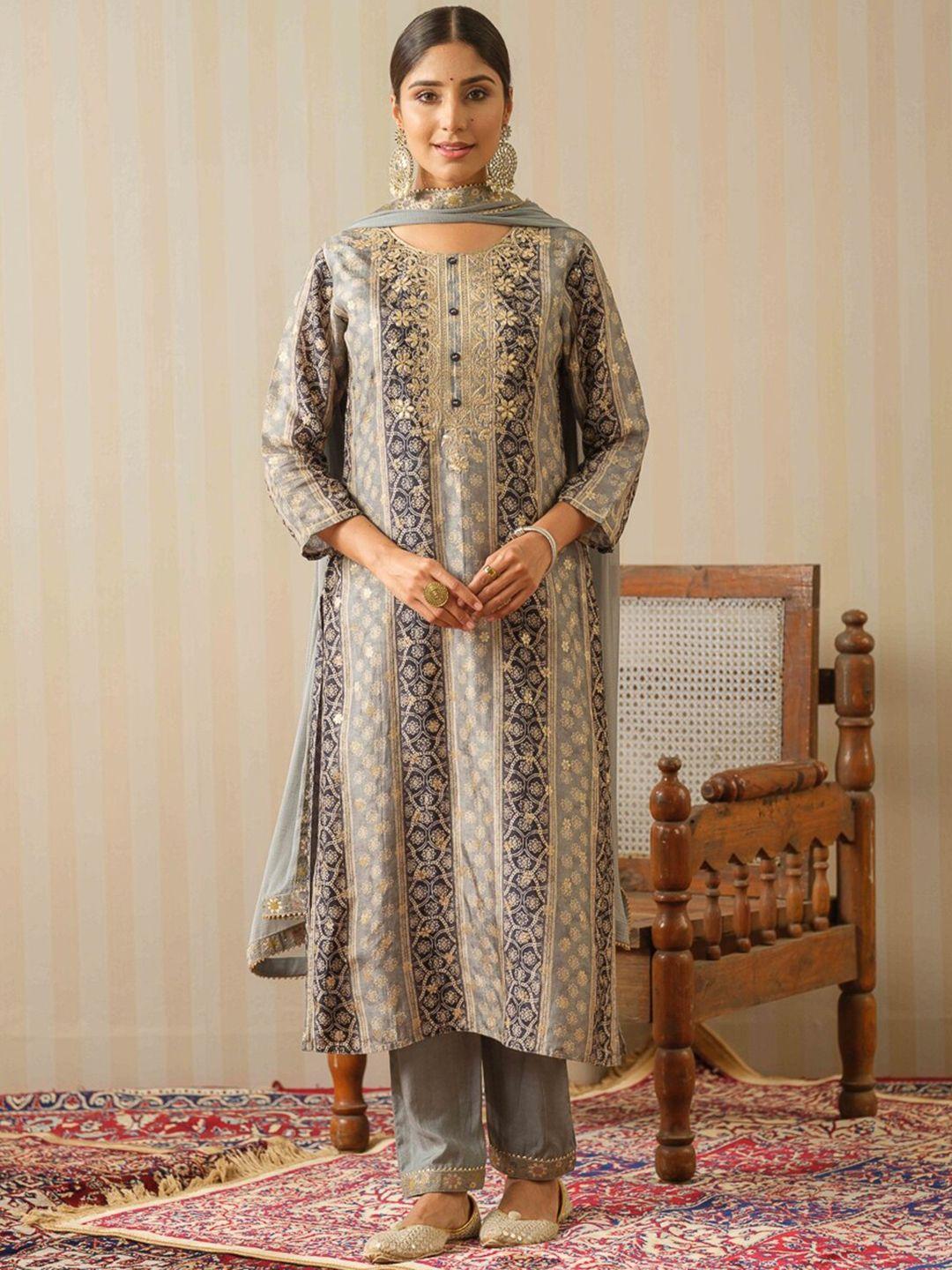 house of pataudi ethnic motifs printed thread work straight kurta with trousers & dupatta