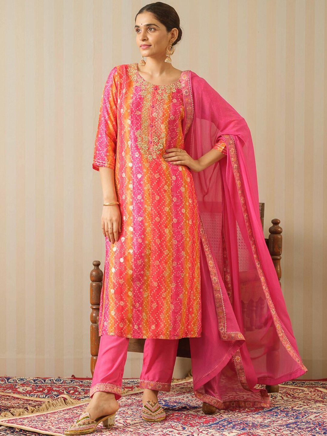 house of pataudi pink bandhani printed straight kurta & trousers with dupatta