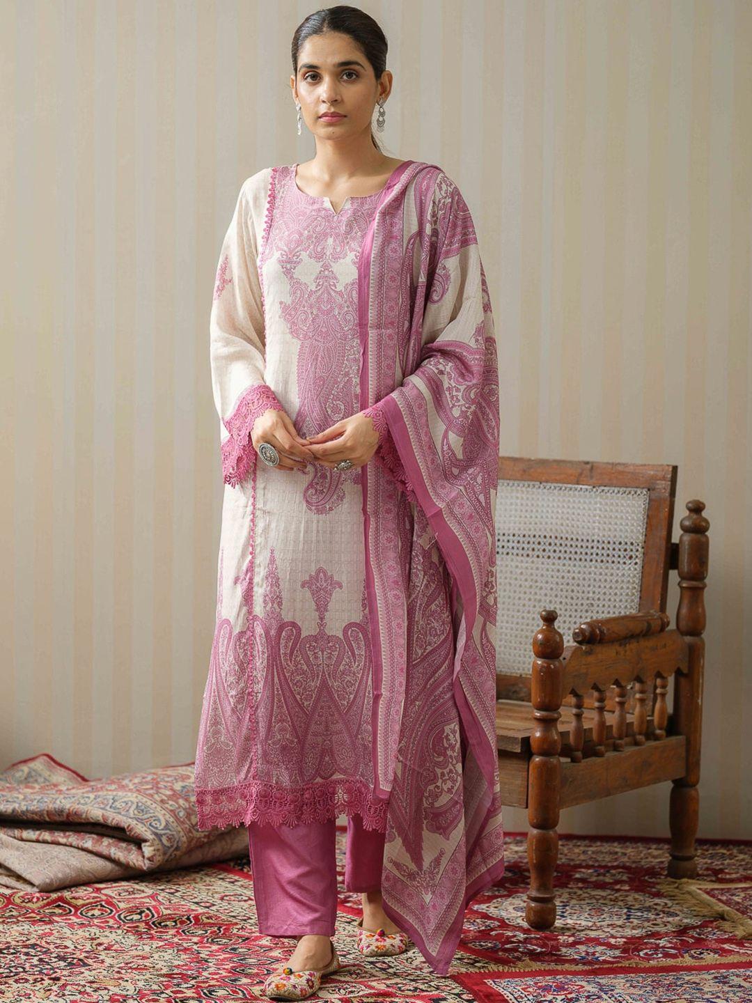 house of pataudi printed straight kurta with trouser & dupatta set