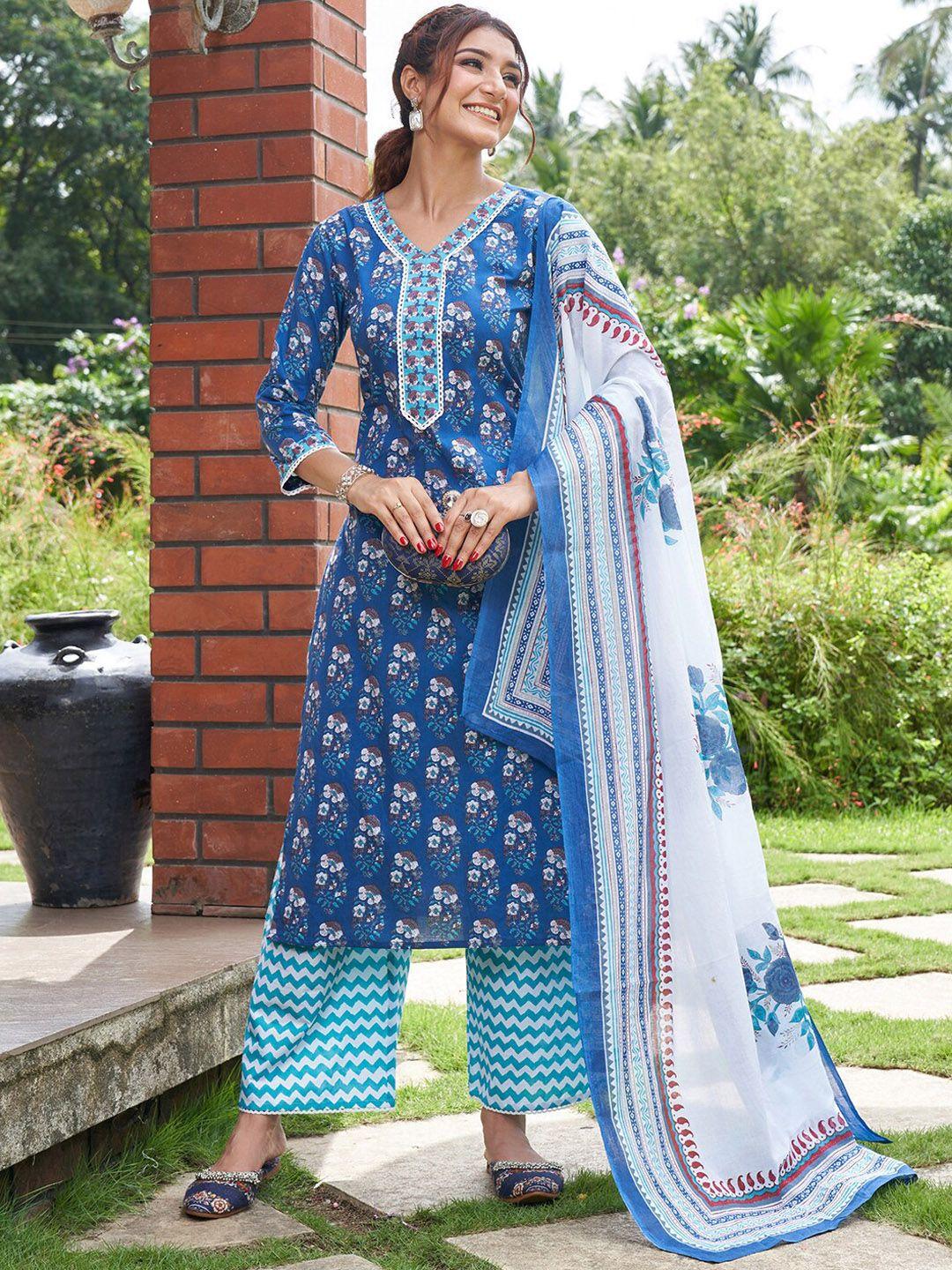 indo era ethnic motifs printed pure cotton kurta with palazzos & dupatta