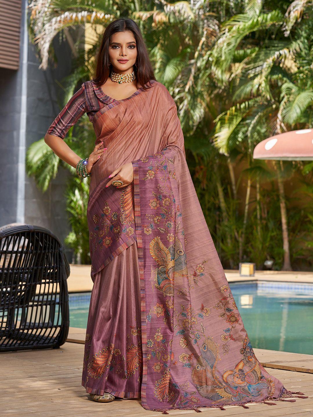 mitera rust & green floral printed pure silk saree