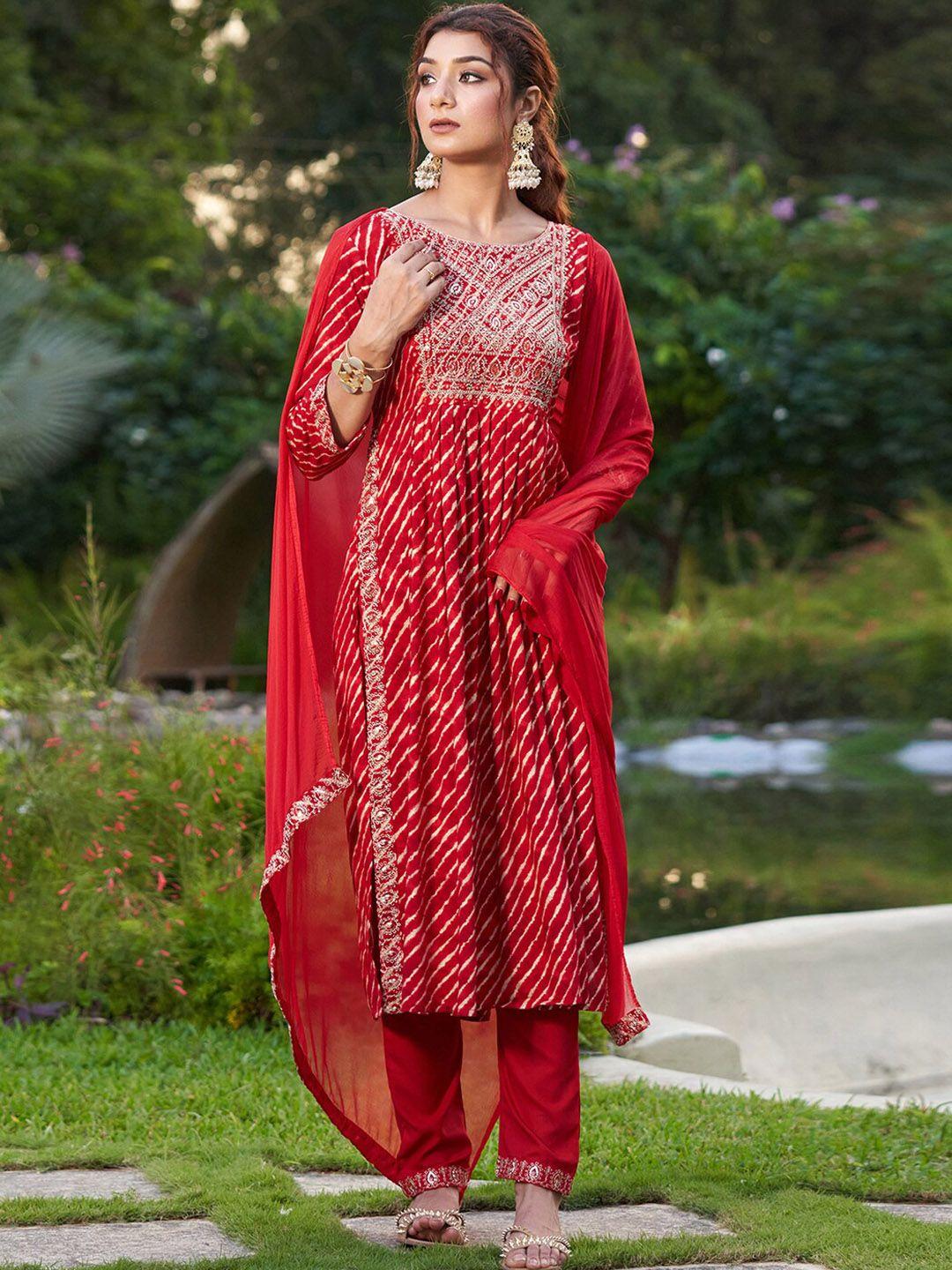 indo era leheriya printed thread work pleated a-line kurta with trousers & dupatta