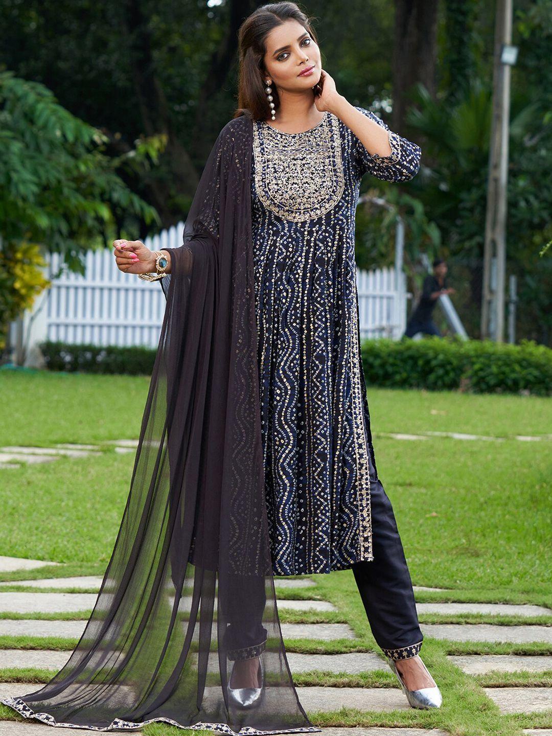 indo era bandhani printed thread work pleated a-line kurta with trousers & dupatta