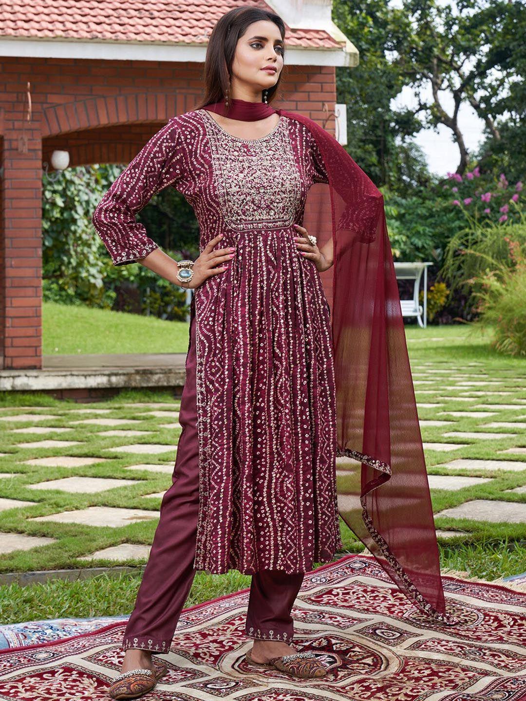 indo era bandhani printed pleated sequinned kurta with trousers & with dupatta