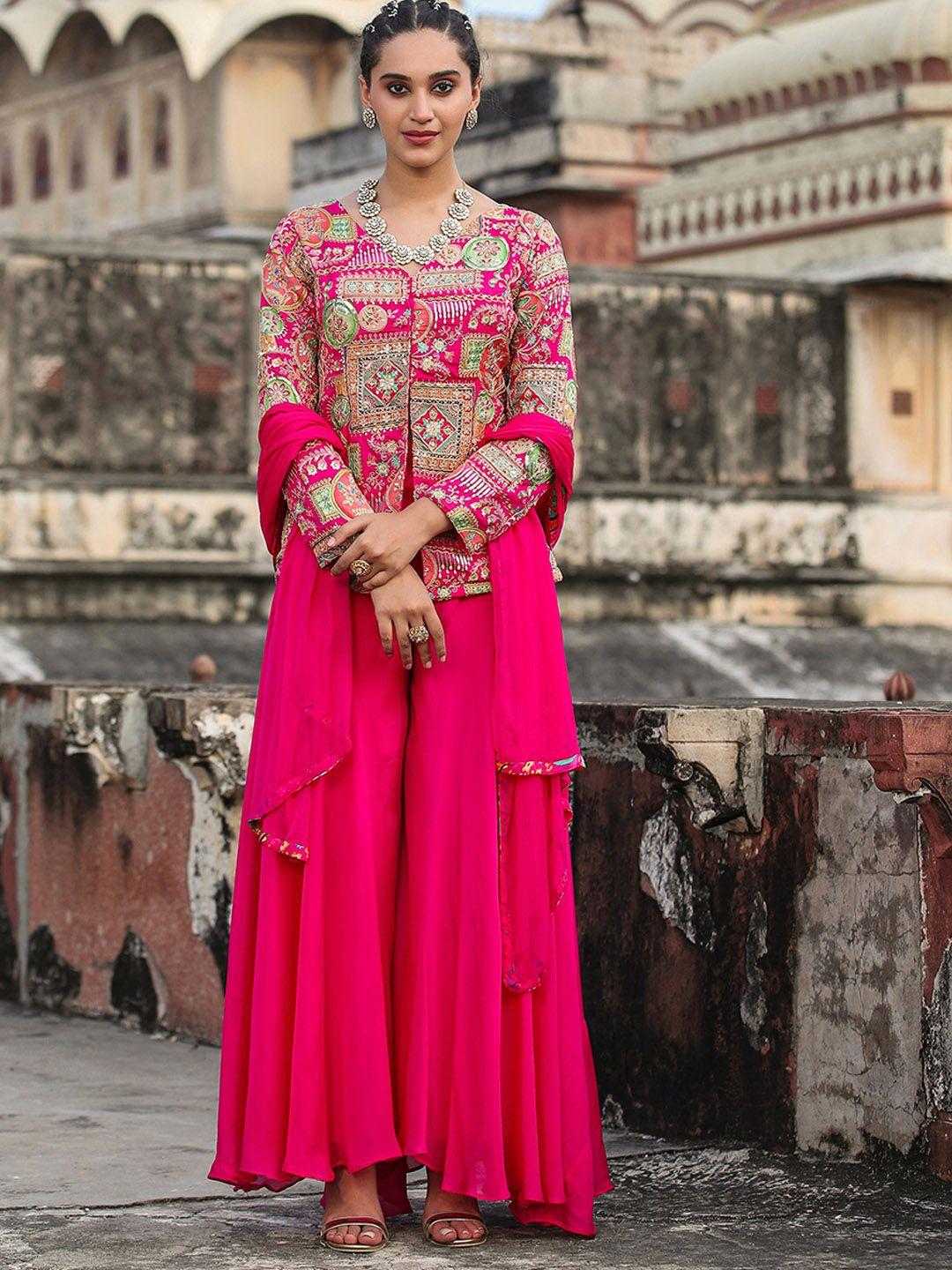 scakhi floral embroidered high slit silk crepe kurti with palazzos & dupatta