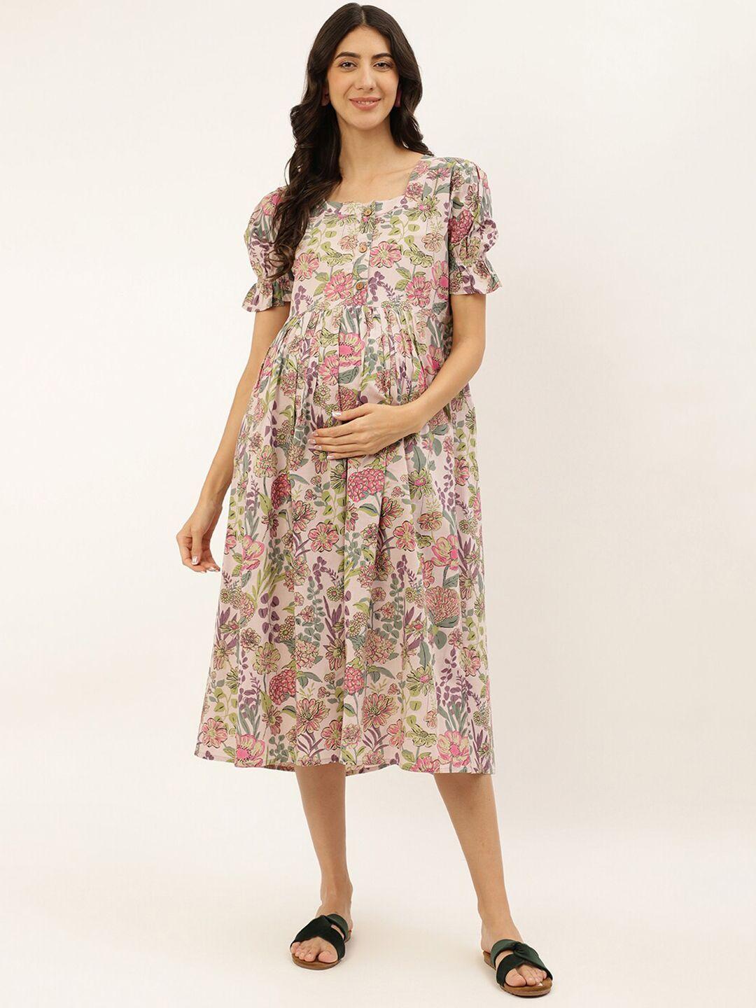 negen floral printed square neck cotton a-line maternity midi dress