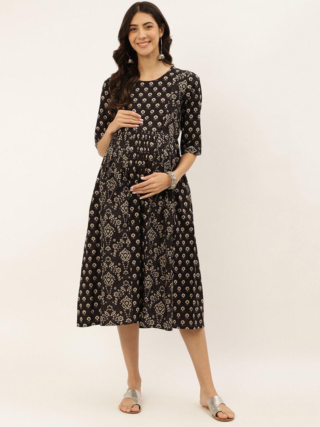 negen floral printed round neck cotton a-line maternity midi dress