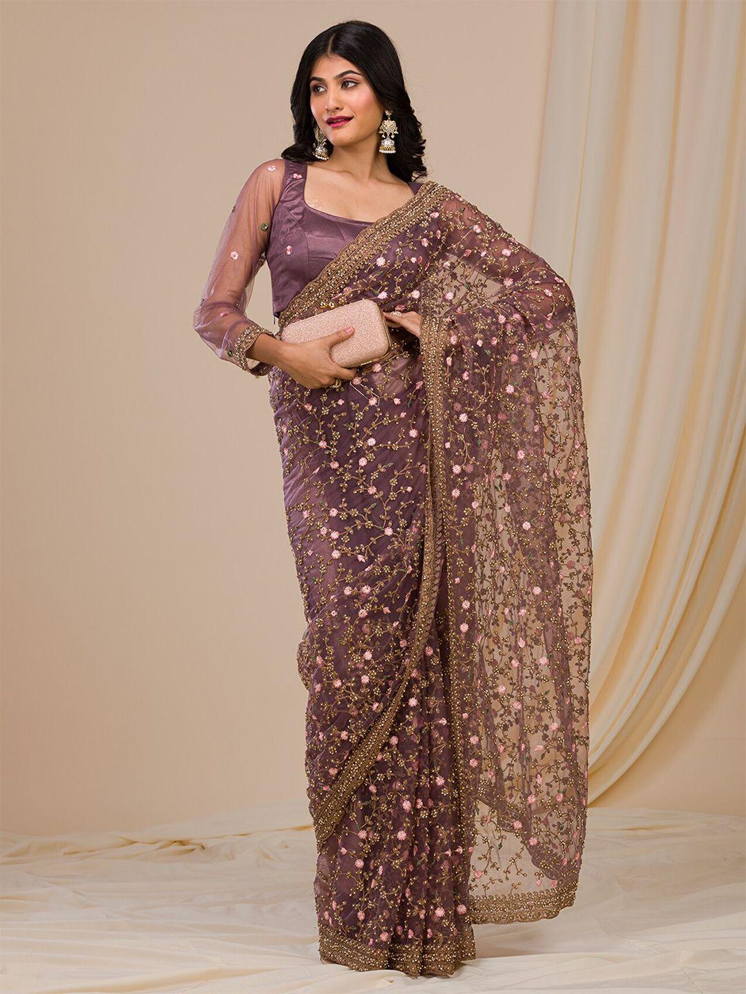 koskii embellished beads and stones net saree