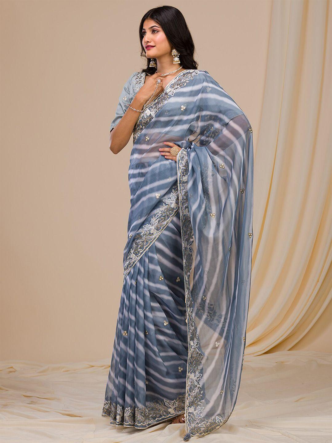 koskii striped embroidered detail saree