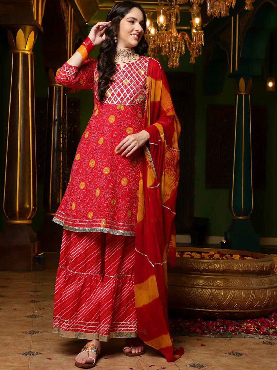 sangria bandhani printed straight kurta with sharara & dupatta