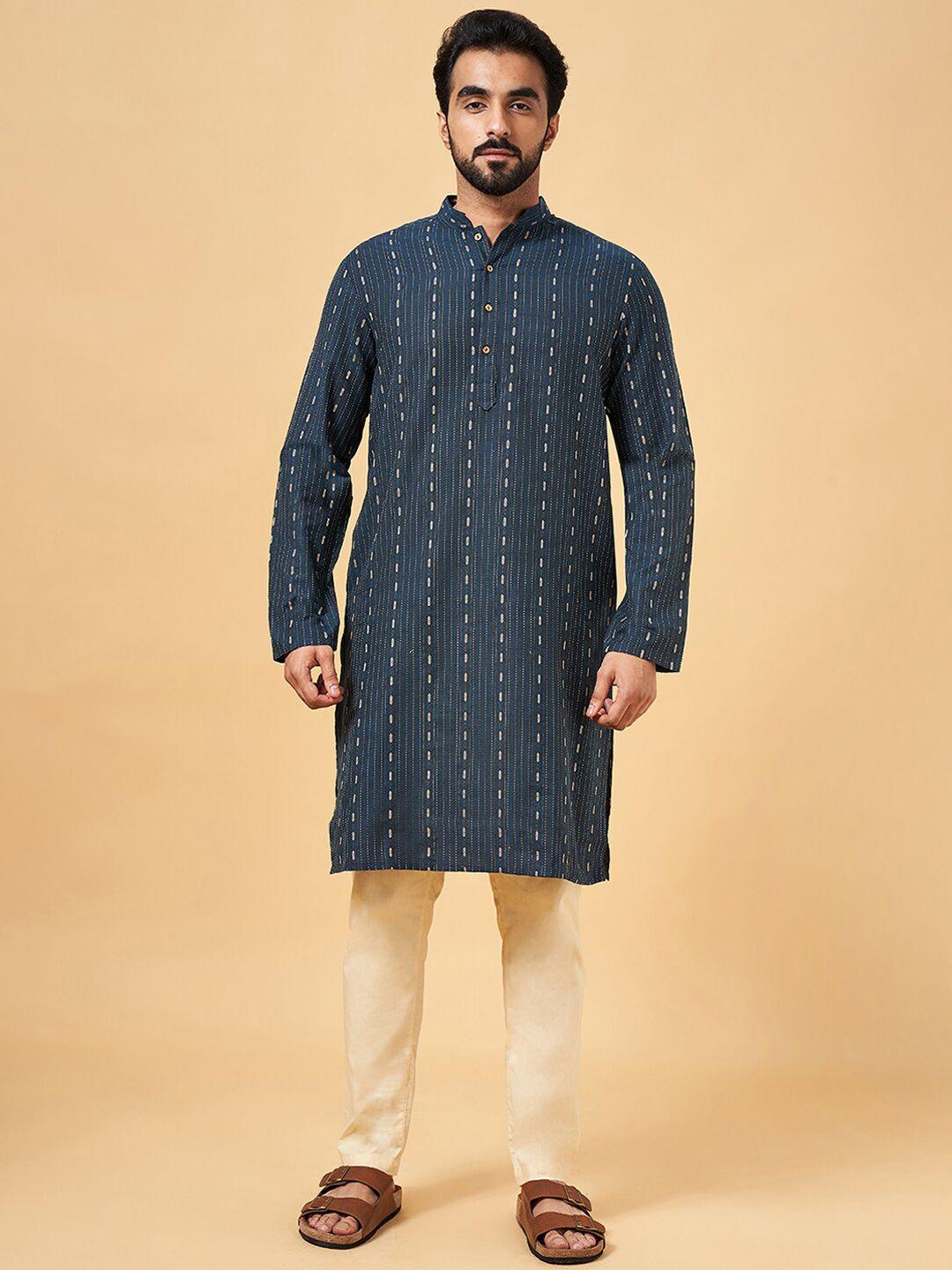 yu by pantaloons men blue geometric printed thread work kurta