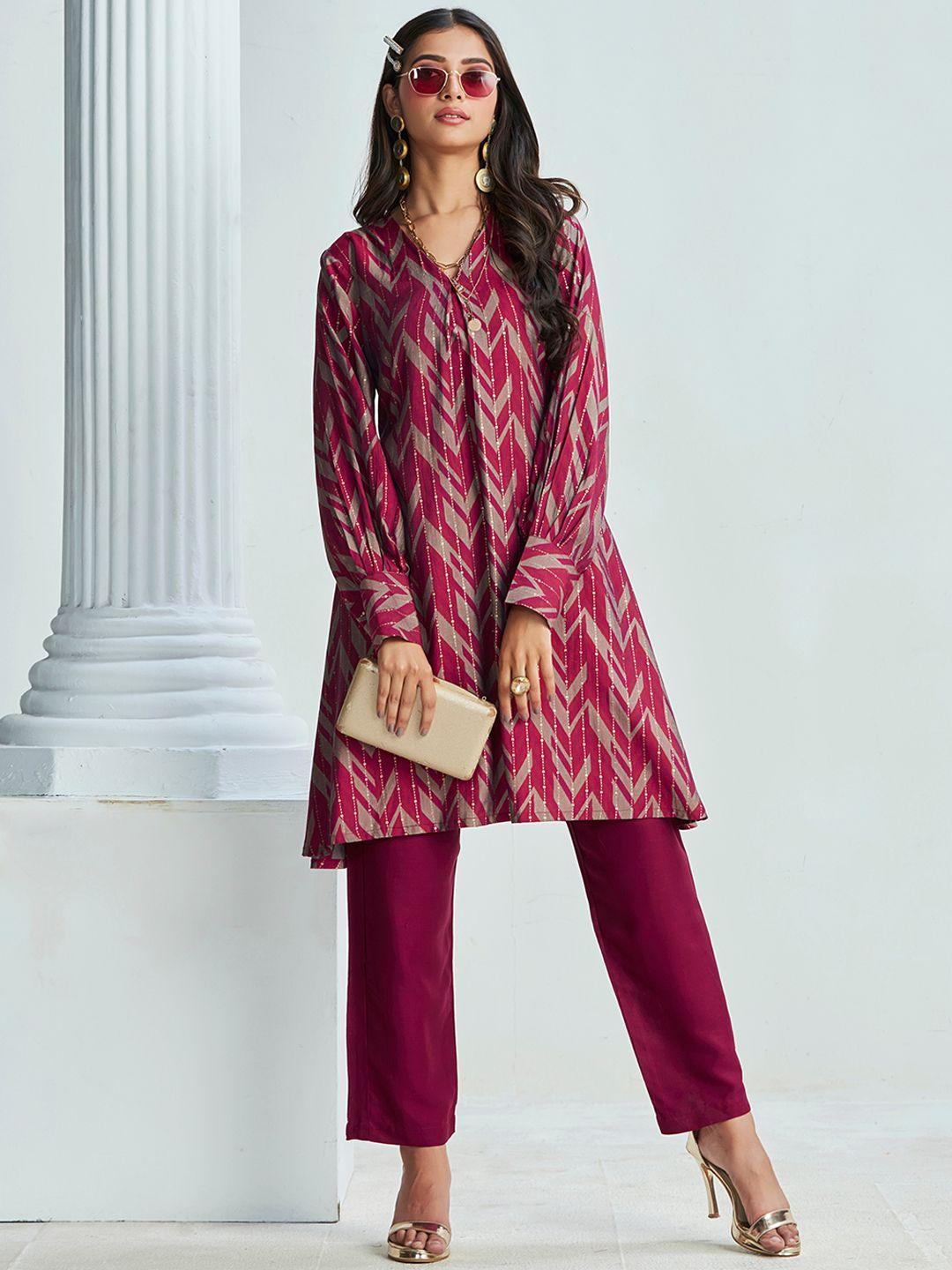 sangria chevron printed a-line kurta with trouser