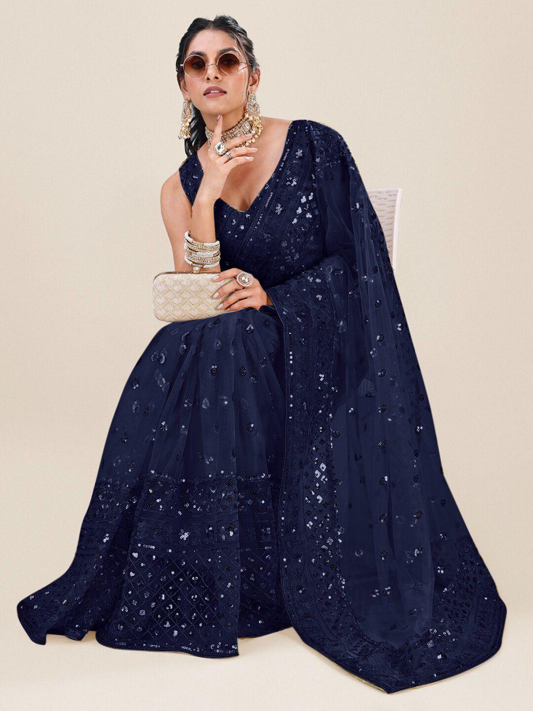 roykals navy blue embellished sequinned net saree