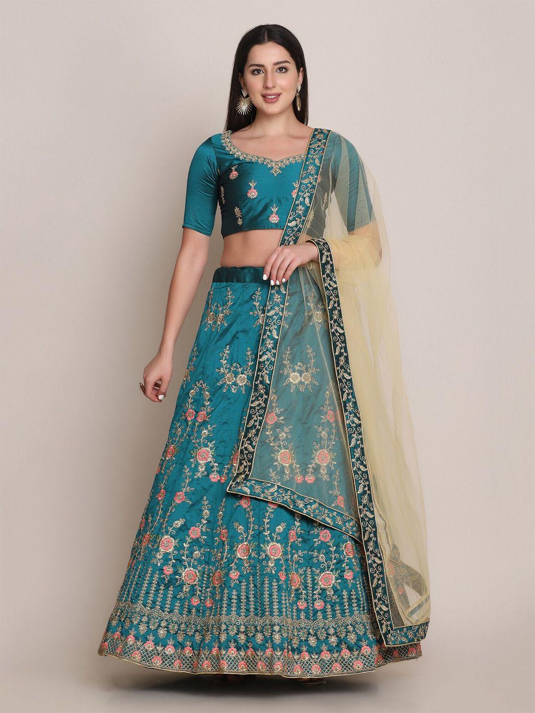 kalini sea green & pink embroidered thread work semi-stitched lehenga & unstitched blouse with dupatta