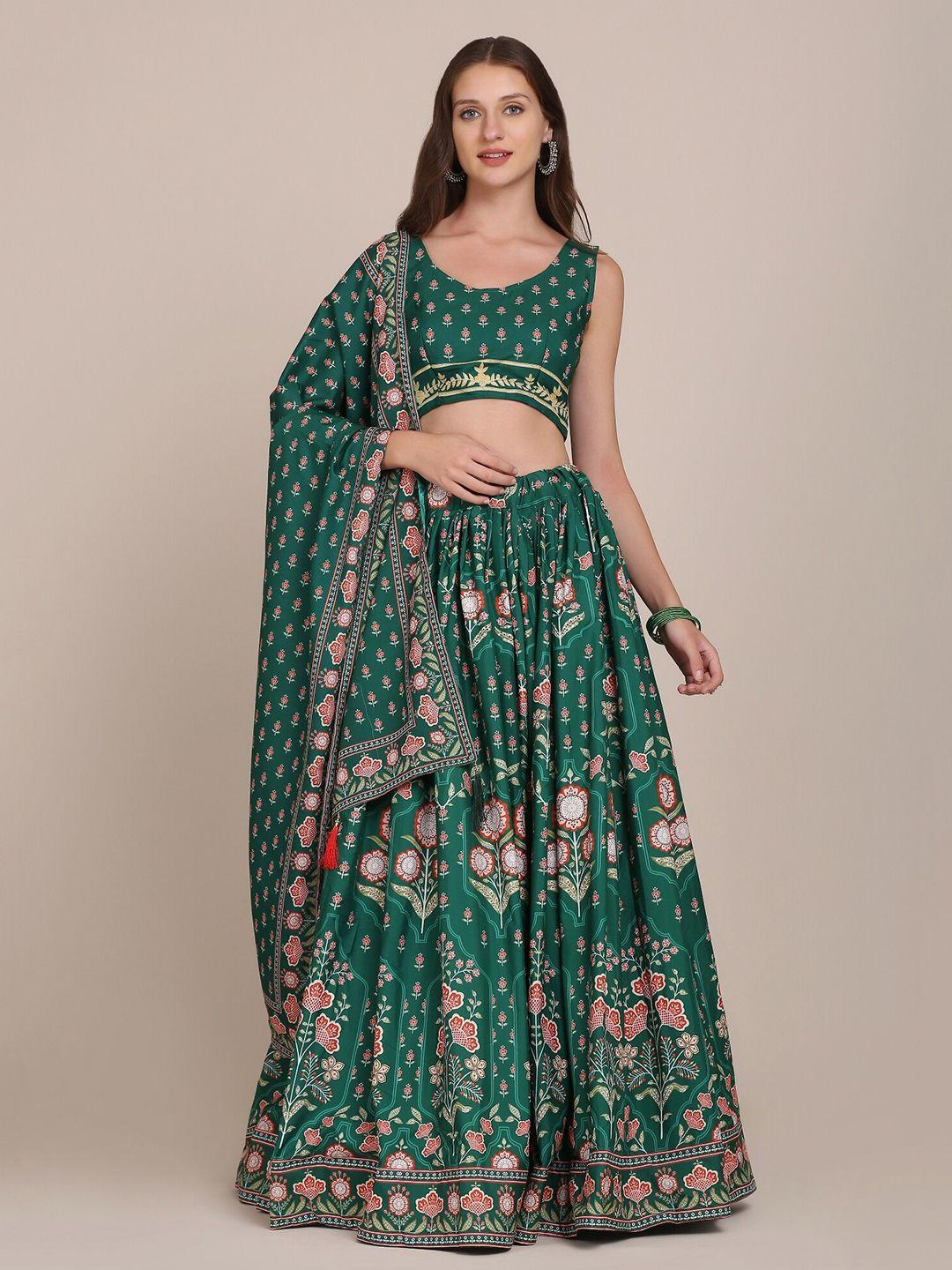 kalini green & red printed semi-stitched lehenga & unstitched blouse with dupatta