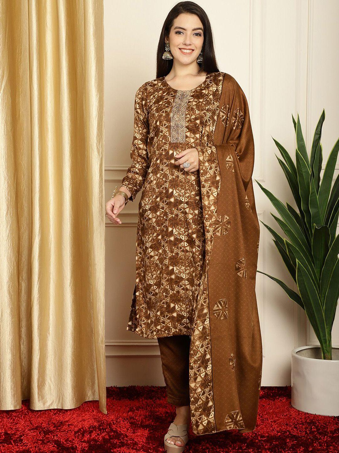 stylee lifestyle brown & gold-toned printed unstitched dress material